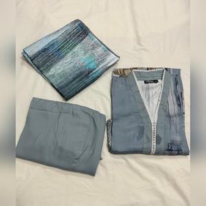 TAWAKKAL IMZA 3 PC LINEN EMBROIDERED KAMEEZ TROUSER AND SHAWL