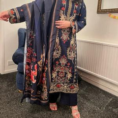 Maria B inspired viscose embroidered kameez , palazzo and silk fully laced dupatta Womenswear eid collection Traditional Comfortable Dress Elegant Embroidery