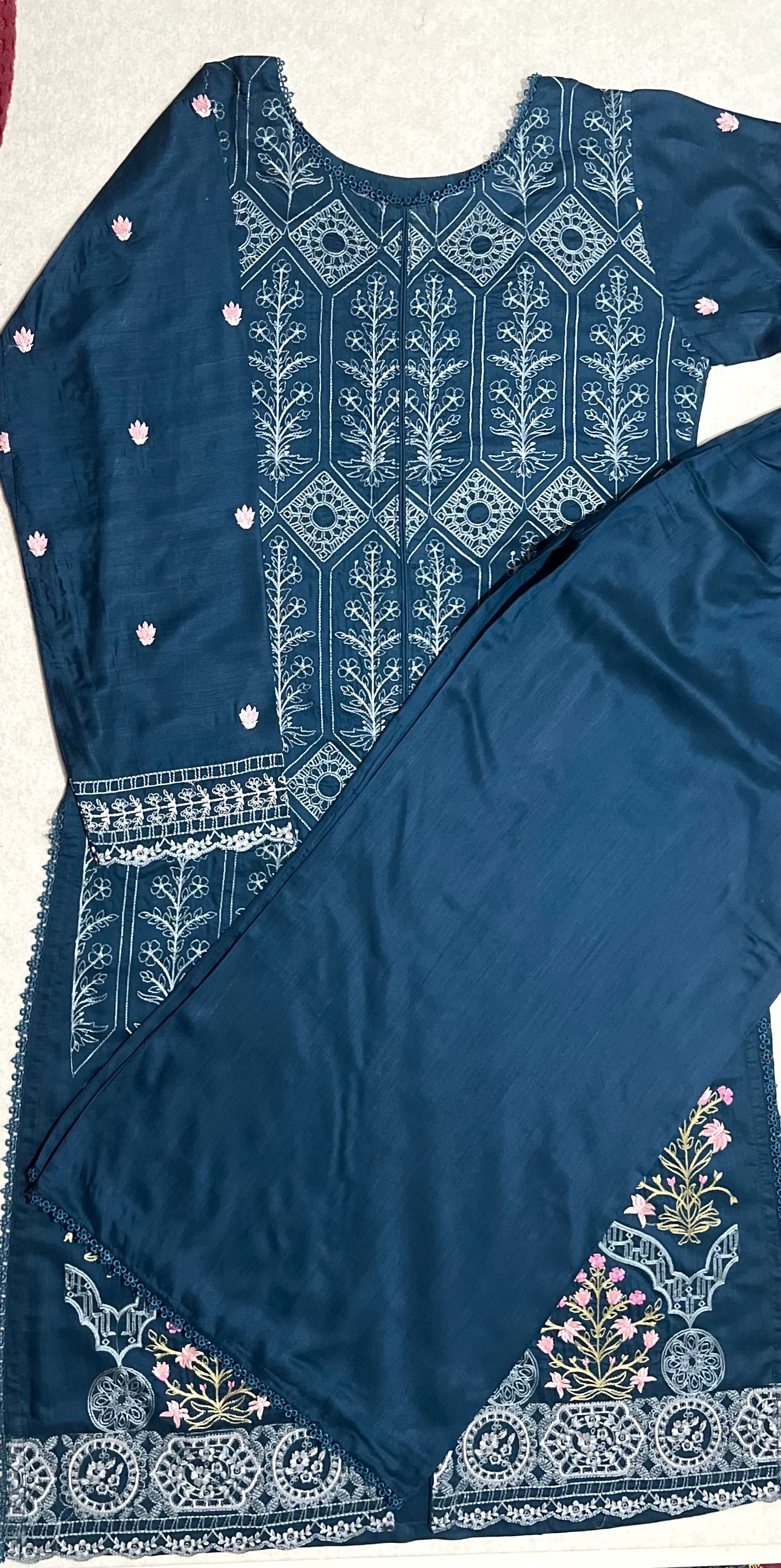 Maria B inspired viscose embroidered kameez , palazzo and silk fully laced dupatta