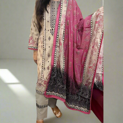 3 PC NIKHAAR EMBROIDERED LAWN KAMEEZ WITH PALLU EMBROIDERED DUPATTA Traditional Womenswear