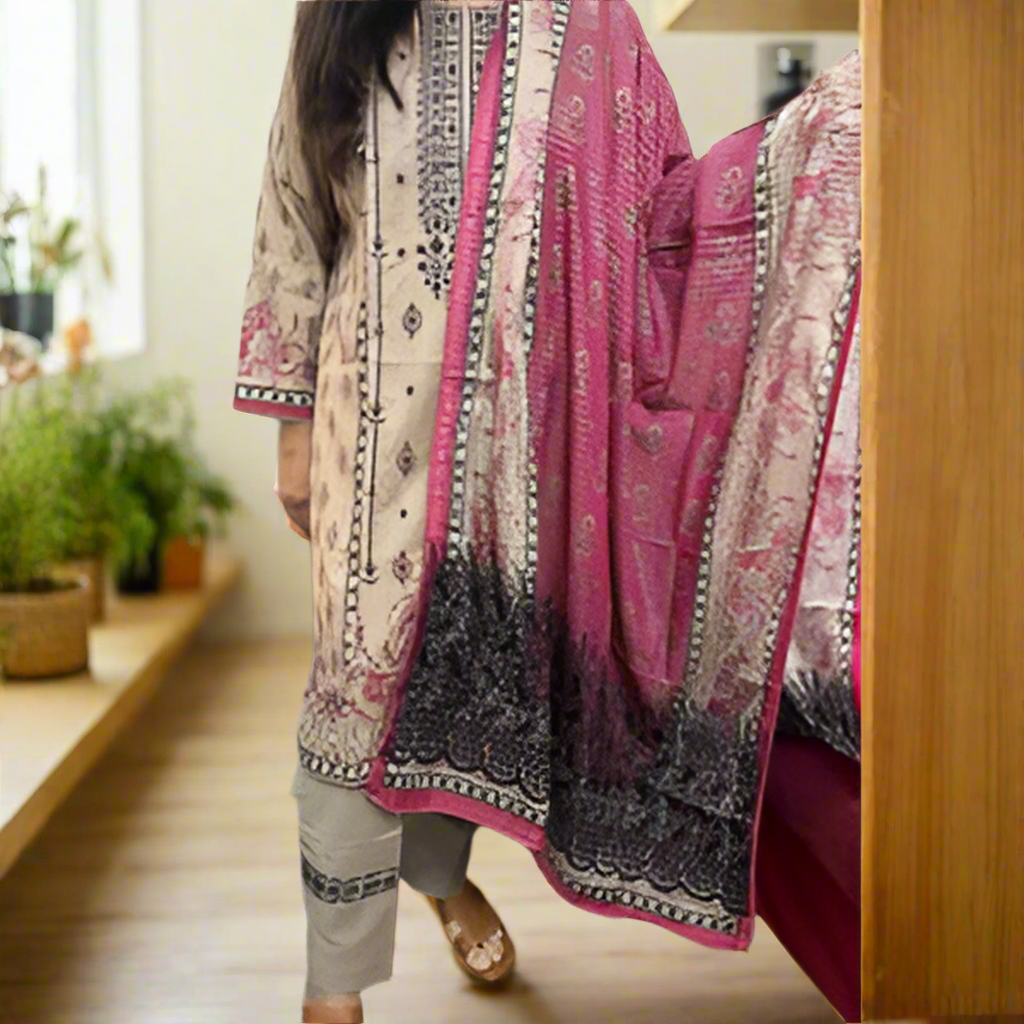 3 PC NIKHAAR EMBROIDERED LAWN KAMEEZ WITH PALLU EMBROIDERED DUPATTA