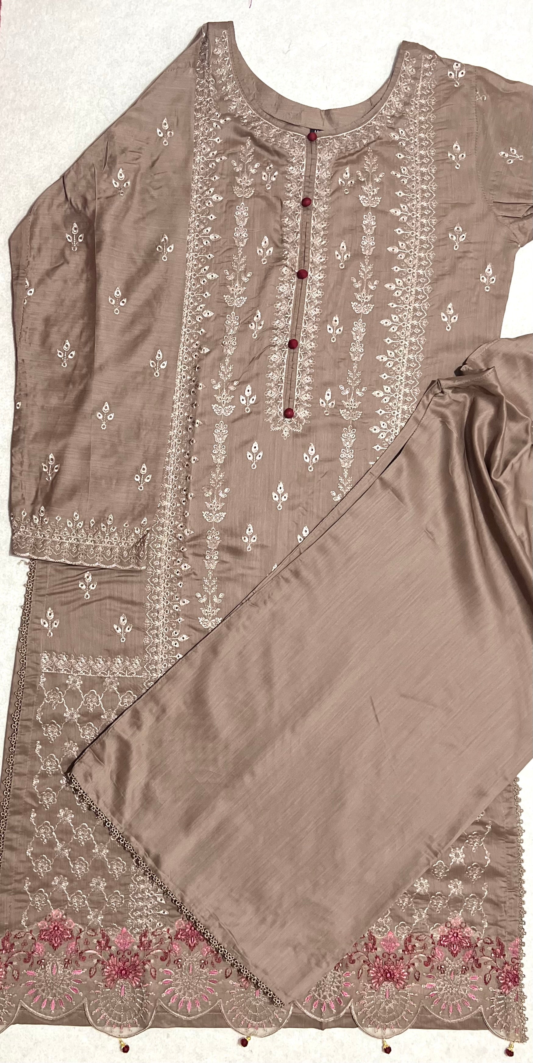 Maria B inspired viscose embroidered kameez , palazzo and silk fully laced dupatta