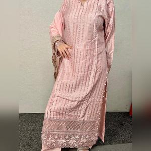 Rose pink vicose long embroidered kameez styled with beads on the neckline and sides. Also styled with chiffon embroidered dupatta
