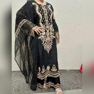 Black embroidered dress with embroidered sharara and embroidered dupatta