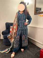 Maria B inspired viscose embroidered kameez , palazzo and silk fully laced dupatta