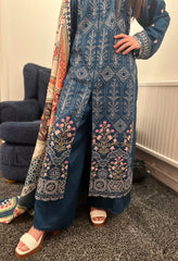 Maria B inspired viscose embroidered kameez , palazzo and silk fully laced dupatta