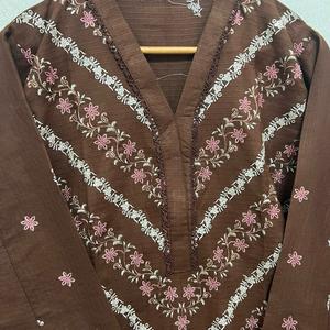 EMBROIDERED DORIA PEACH LEATHER KAMEEZ WITH PLAIN TROUSER AND SHAWL asian clothes uk