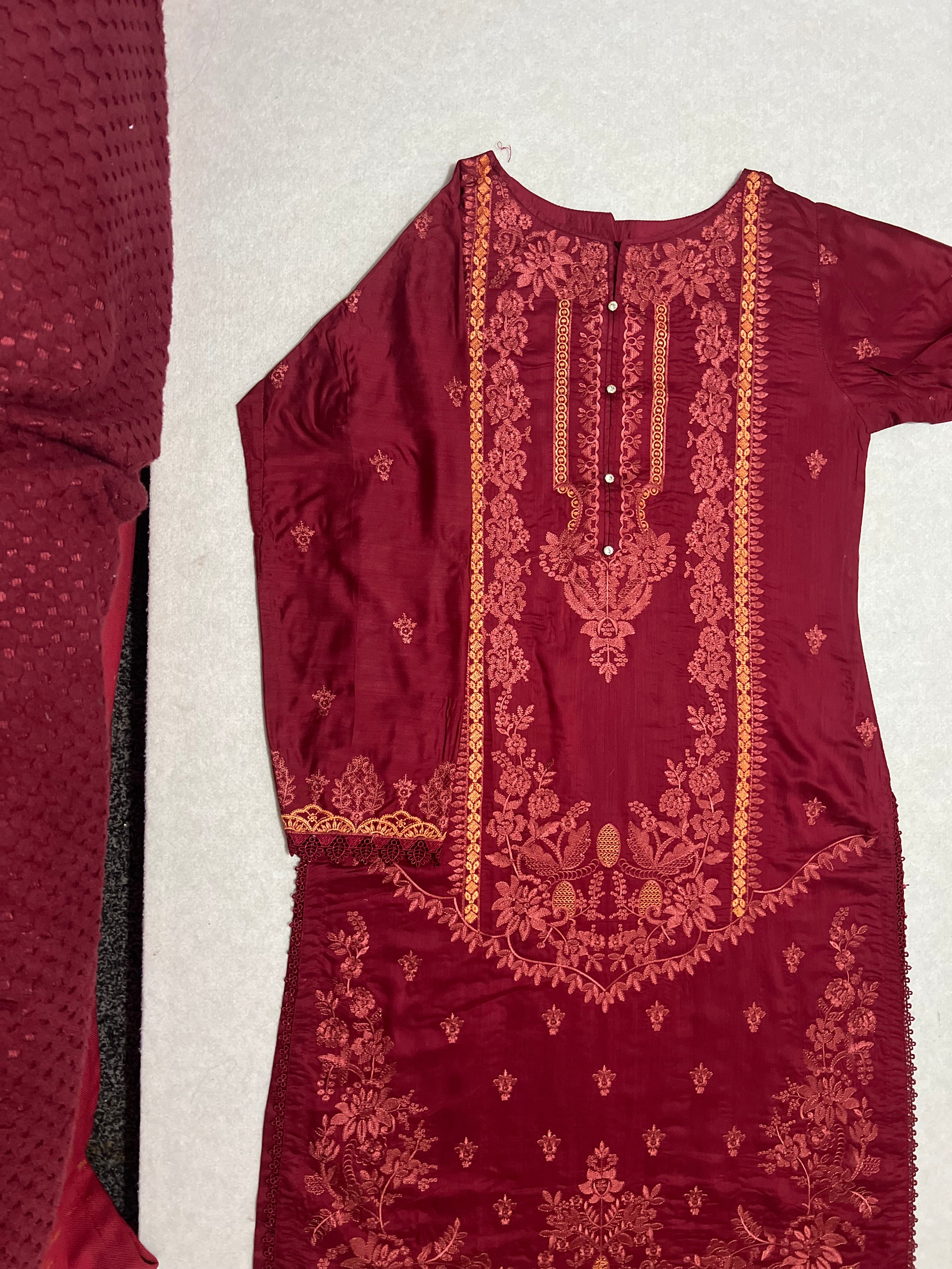 Maria B inspired viscose embroidered kameez , palazzo and silk fully laced dupatta