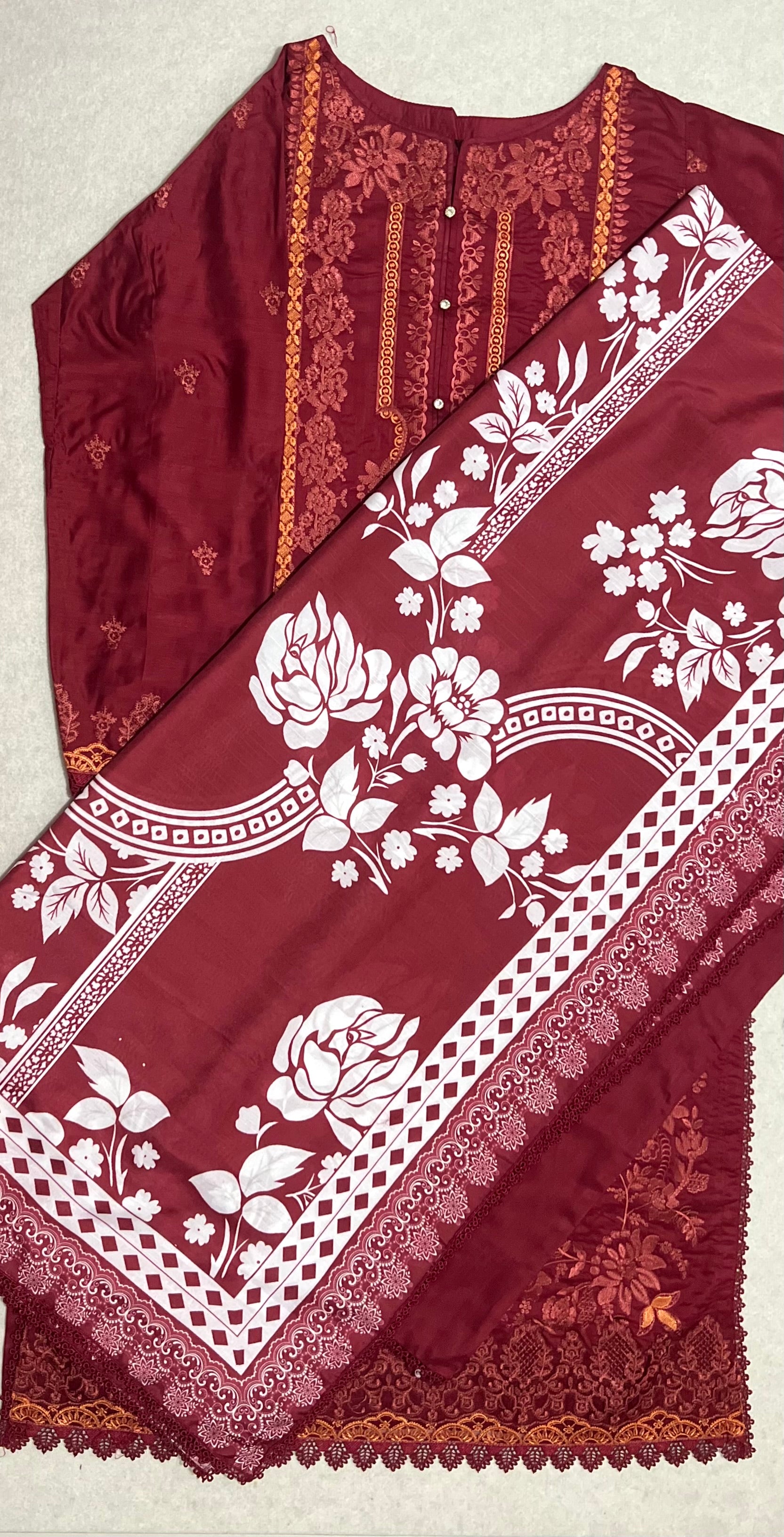 Maria B inspired viscose embroidered kameez , palazzo and silk fully laced dupatta