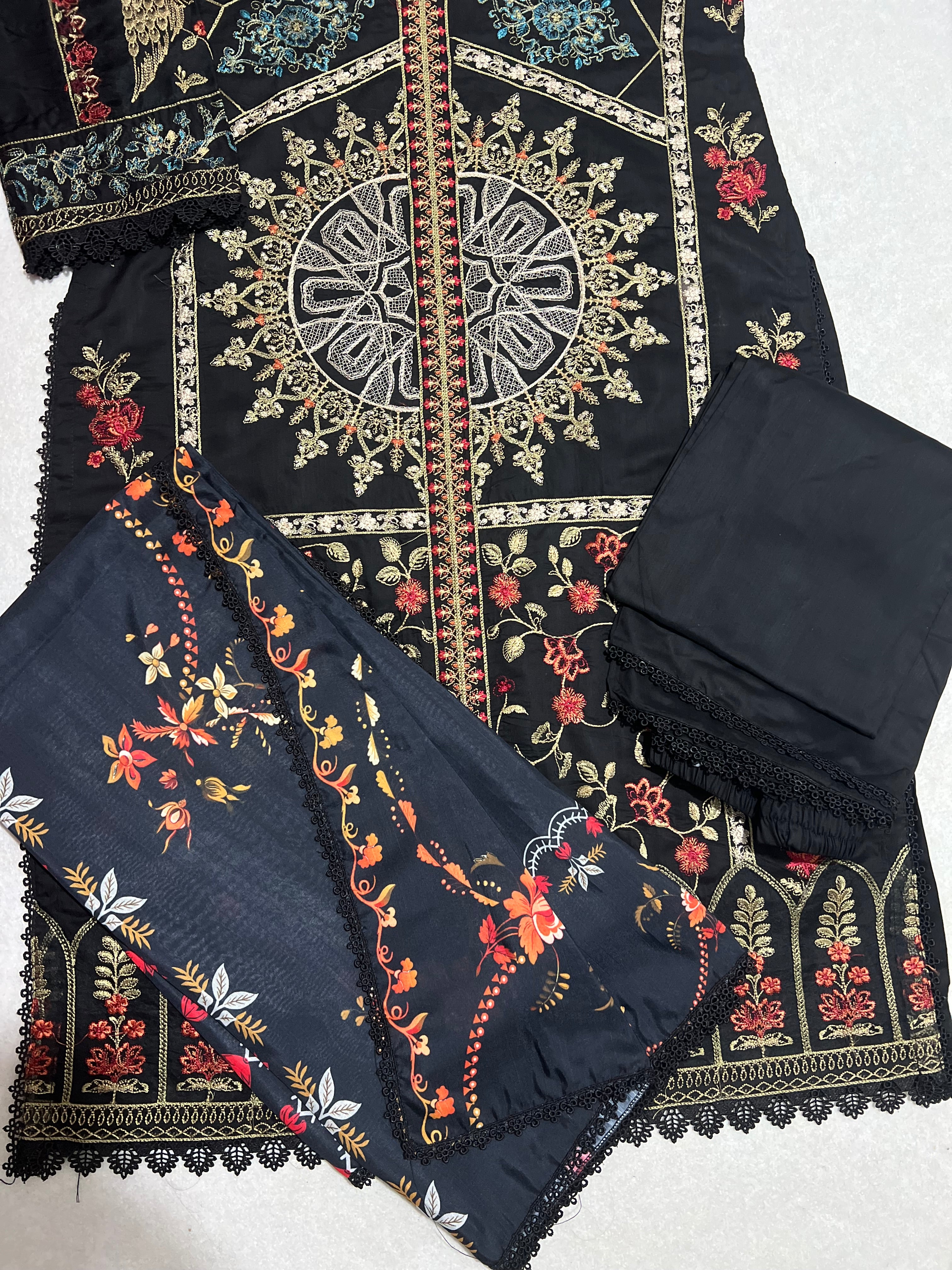 Maria B inspired viscose embroidered kameez , palazzo and silk fully laced dupatta