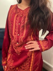 Maria B inspired viscose embroidered kameez , palazzo and silk fully laced dupatta