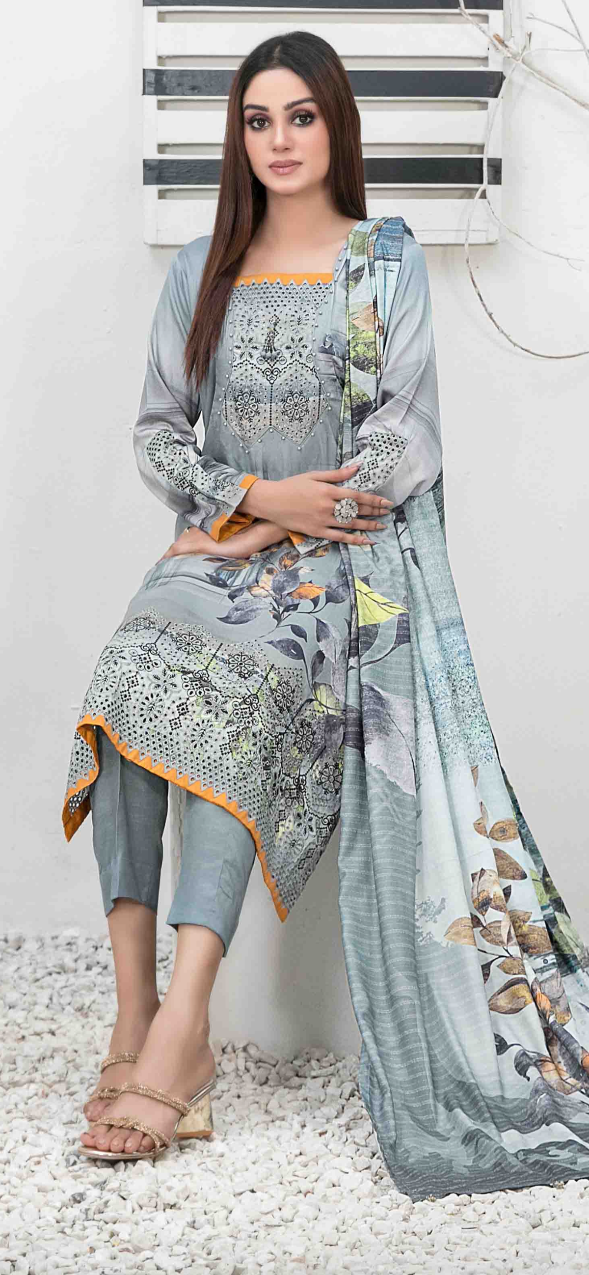 TAWAKKAL IMZA 3 PC LINEN EMBROIDERED KAMEEZ TROUSER AND SHAWL