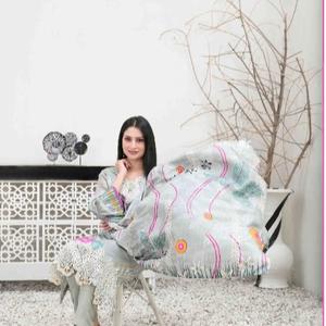 Tawakkal Imza Women's Linen Embroidered 3 Piece Suit with Kameez, Trousers, and Shawl - Womenswear