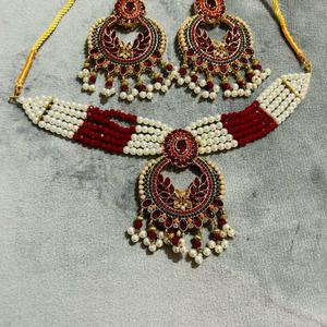 Red, white and Gold with multicolour earrings and choker set