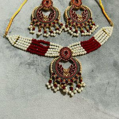Red, white and Gold with multicolour earrings and choker set