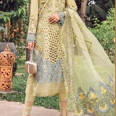 MARIA B INSPIRED LINEN CHIKENKARI KAMEEZ WITH PLAIN TROUSER AND DIGITAL PRINTED DUPATTA Womenswear Comfort Lady