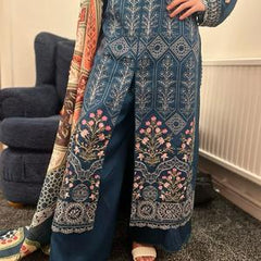 Maria B inspired viscose embroidered kameez , palazzo and silk fully laced dupatta Womenswear eid collection Traditional Long Sleeve Comfort Clothing Comfortable Fabric Embroidery Elegance